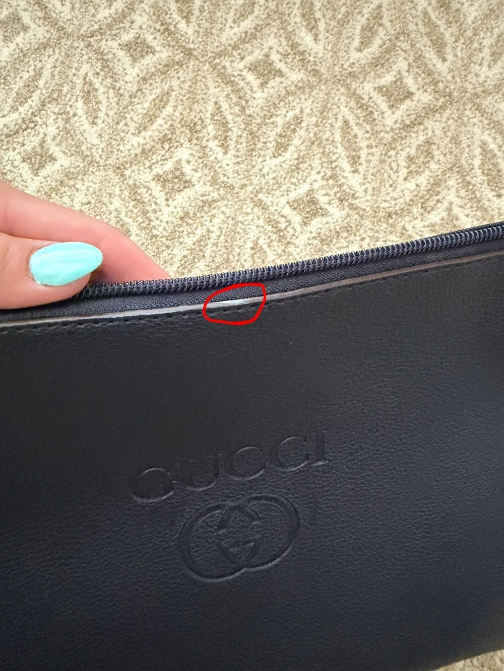 Navy Blue Leather Logo Cosmetic Pouch